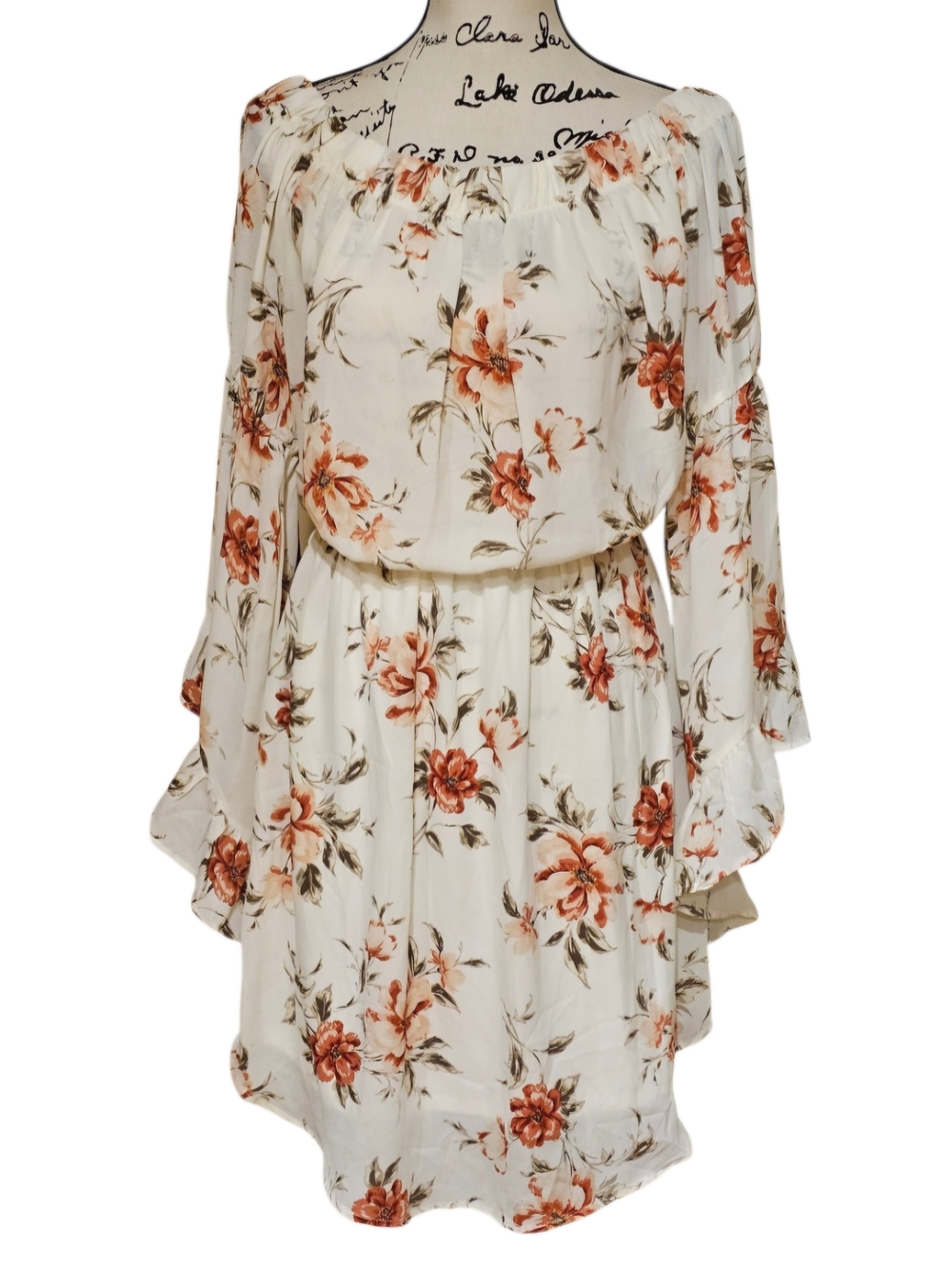 Bear Fruitt Off-Shoulder Floral Mini Dress in Cream with Rust Floral Print - Picture 2 of 7